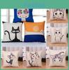 Cute Cartoon Cat Pillow Cover Made Of Linen For Sofa And Bedside Decor