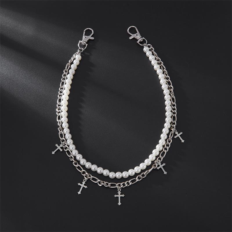 Fashion Imitation Pearl Cross Jeans Chain Keychain Men Women Trousers Hipster Pant Chain HipHop Jewelry