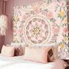 Pink Boho Mandala Floral Tapestry Wall Hanging for Bedroom, Bohemian Flower Aesthetic Cute Room Decor for Girls, Indian Style
