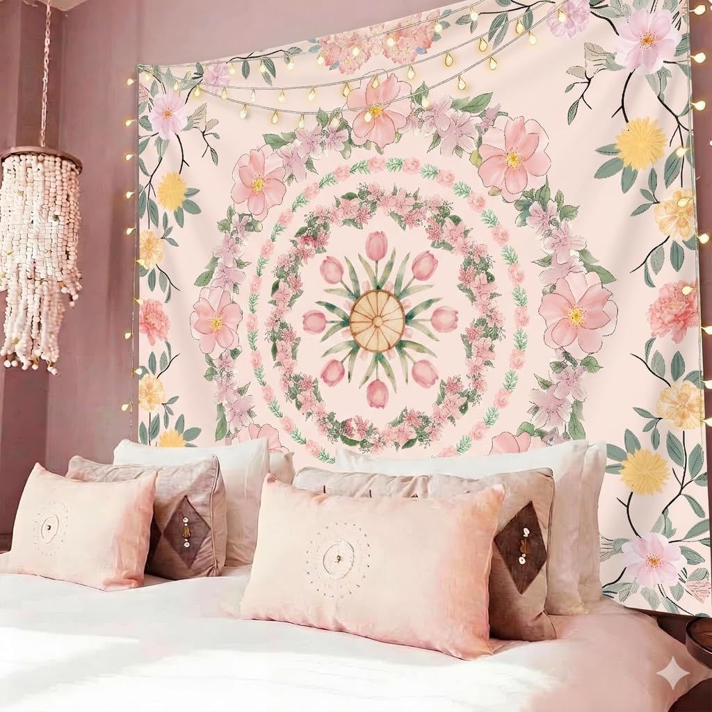Pink Boho Mandala Floral Tapestry Wall Hanging for Bedroom, Bohemian Flower Aesthetic Cute Room Decor for Girls, Indian Style