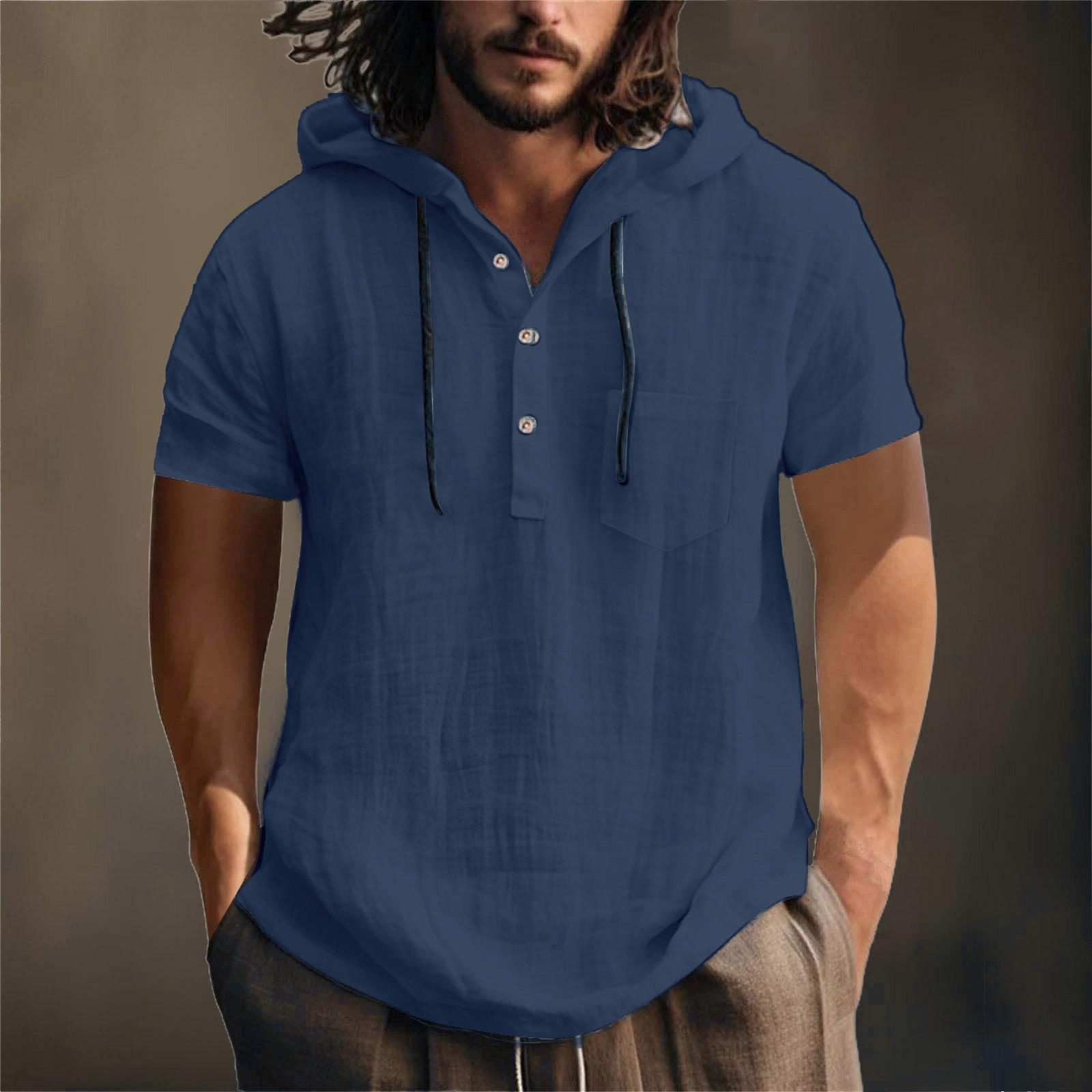 

Men s Hooded Short Sleeve Summer Cotton Hemp Cotton Thin Casual Color Loose XXL Темно-синій
