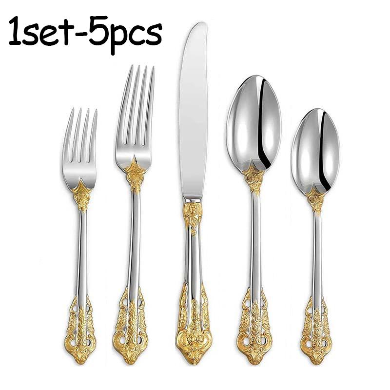 

Наборы столовых приборов из нержавеющей стали, высококачественные ножи, вилки и ложки, наборы столовых приборов, позолоченная посуда с цветочным узором, прямые поставки