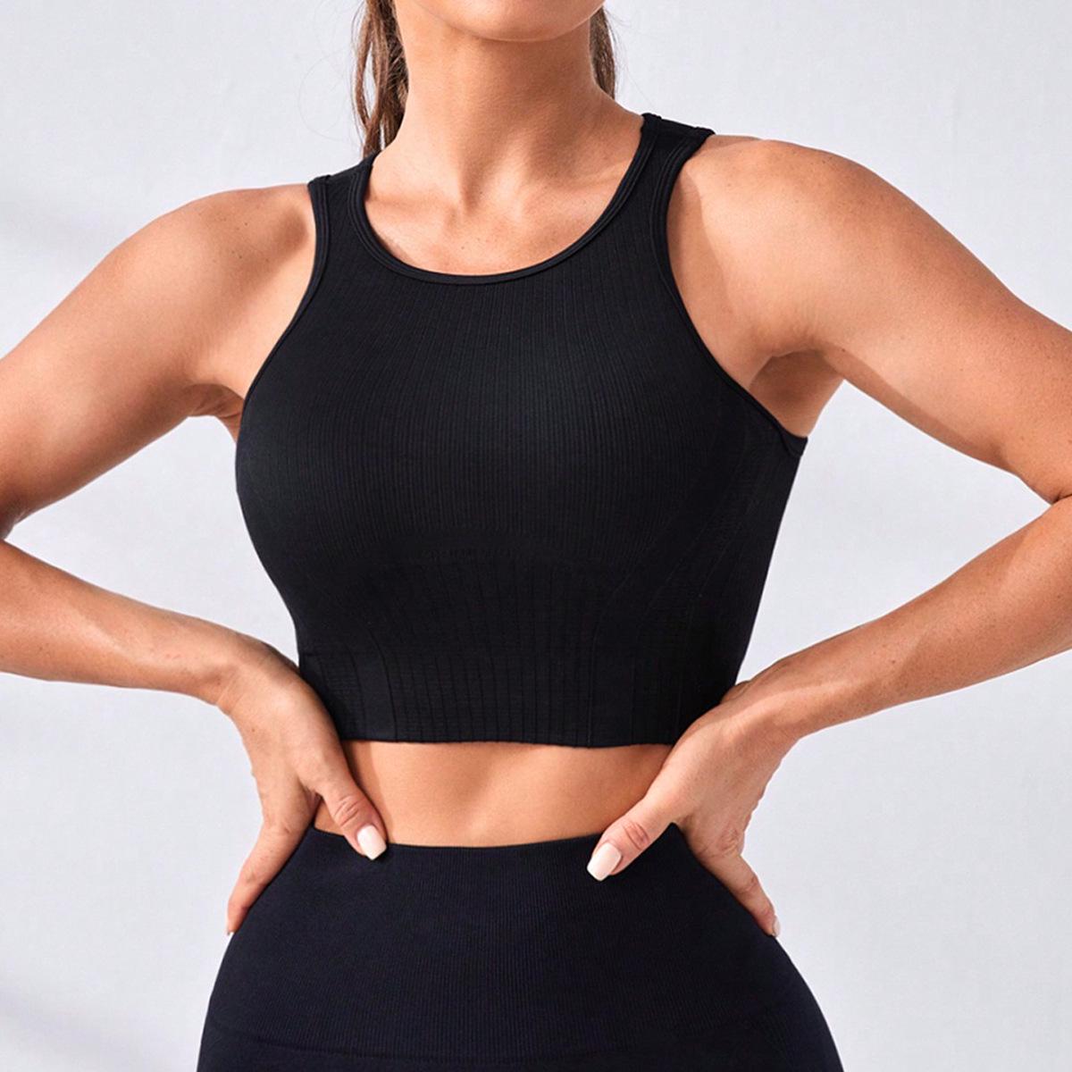 

Европейско-американский бесшовный быстросохнущий ребристый топ-майка для йоги для женщин Large чёрный