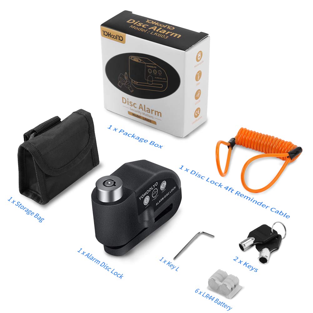 YOHOOLYO Alarm Disc Motorcycle Disc Brake 7mm 5ft Reminder for and Carrying Pouch Lock, Lock, Anti-Theft, Waterproof, 110dB, Pin, Cable, Motorcycles,