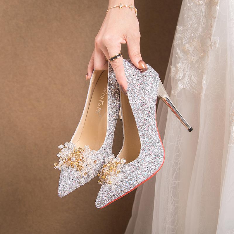 Fashion Big Size Shoes Woman Slip On High Heels Pointed Toe 2025 Sandals Ladies Lace-Up Bling Bling Sexy Pump Large Slip-On Spikes Lates