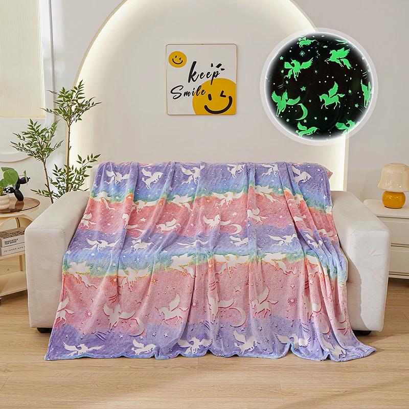 2025 new luminous rainbow unicorn pegasus star flannel blanket machine washable printing and dyeing blanket