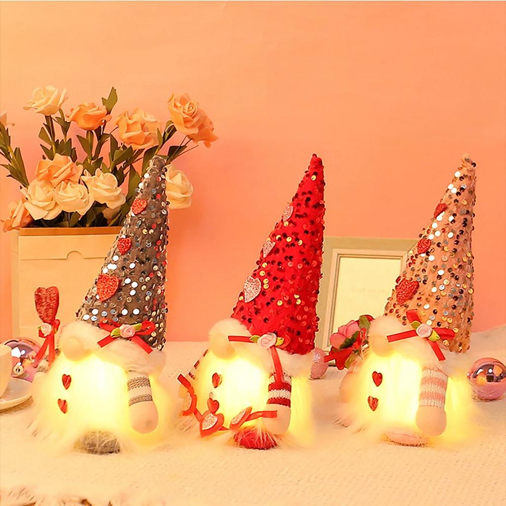 Lighted Valentines Gnomes Plush Doll, Handmade Scandinavian Swedish Tomte, Light Up Toy Holiday, Battery Operated Valentine's Day Gift Tabletop