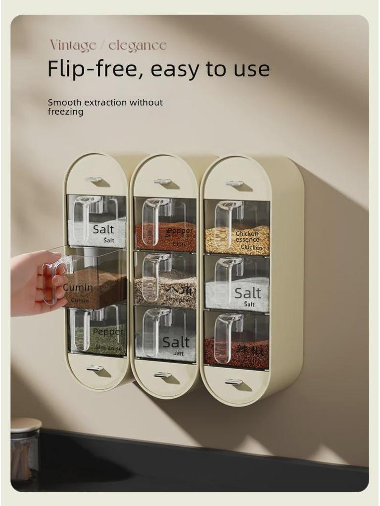 Conjunto de caixa de tempero de plástico antiperfurante para montagem na parede com colher - Inclui recipientes para sal e glutamato monossódico para cozinha.