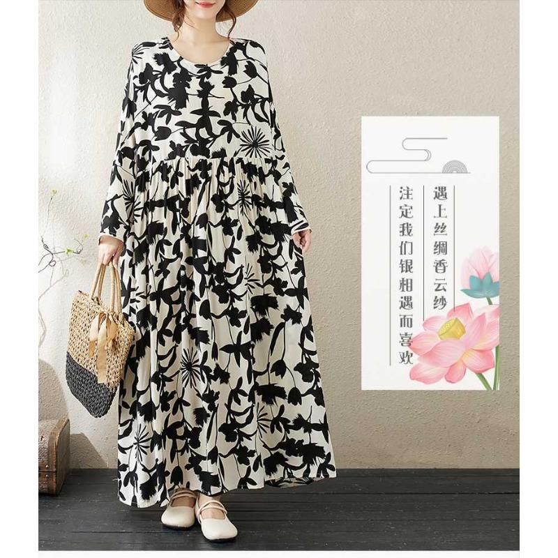 Round Neck Long Sleeve Loose Literary Vacation Style Dress