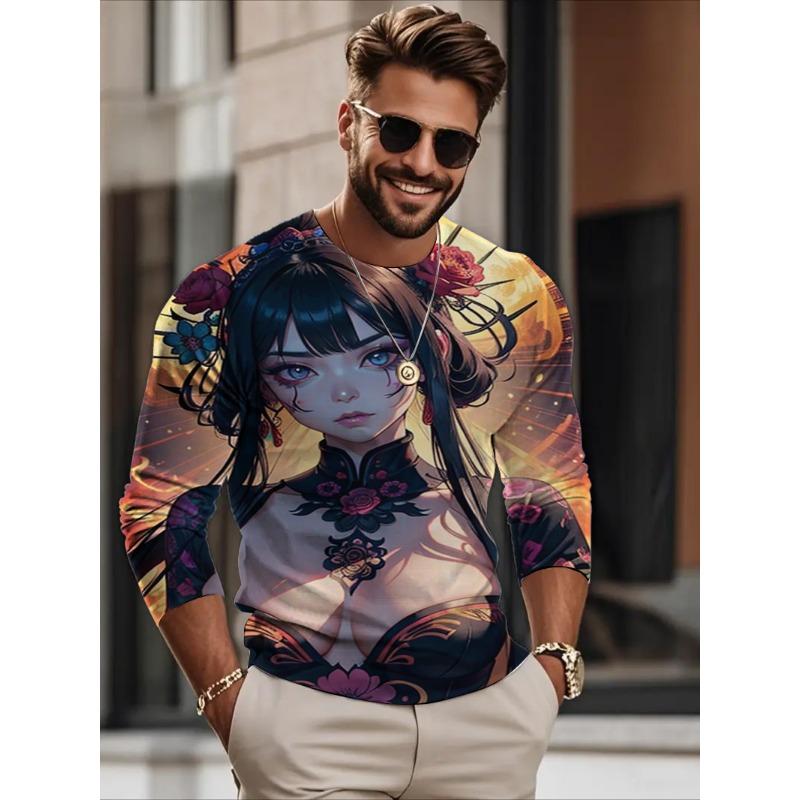 Autumn Men's Long sleeves T-shirt anime beauty sexy 3D printed casual loose Long sleeved T-shirt men's clothing tops