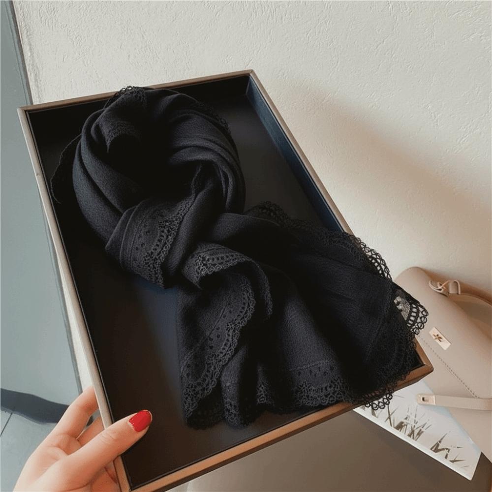 Lace Edge Flaxen Lace Scarf Elegant Silk Scarf Versatile Cotton Linen Scarf  for Women чёрный