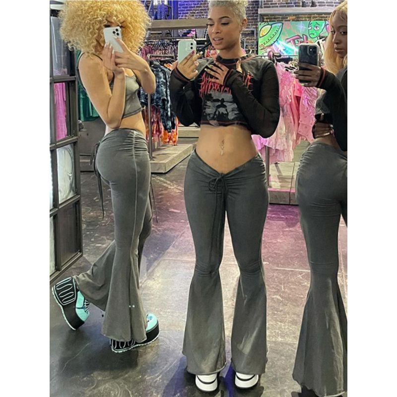 Fashion Sexy Wind Drawstring Lace Bell-Bottom Pants Ins High Street Sexy Low Waist Strap Hip Bag Women's Casual Pants