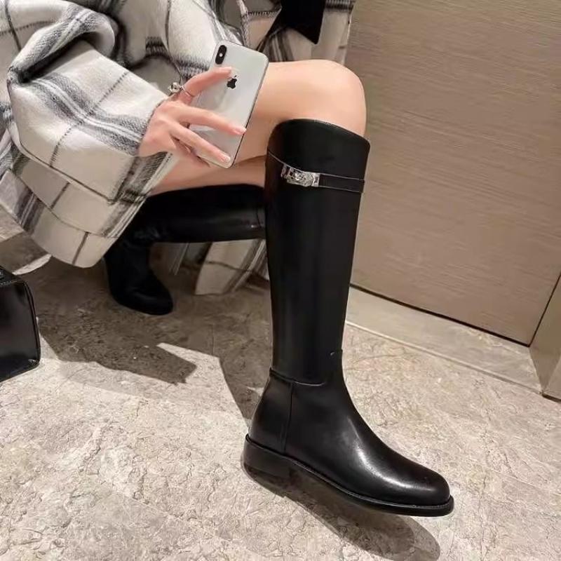 Elegant with Low Heels Black Leather Round Toe Women's Long Boots Autumn Winter Comfortable Goth Ladies Knee High Shaft Shoes