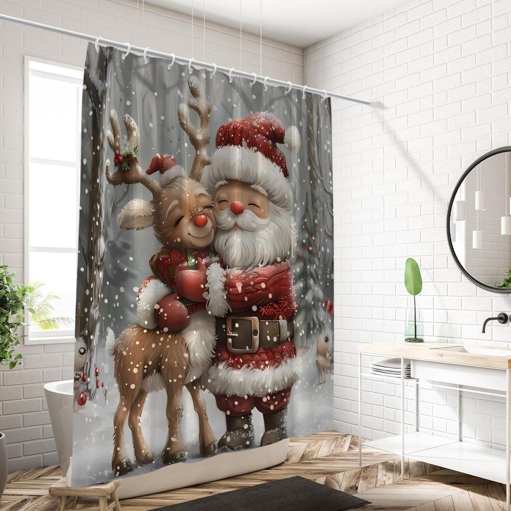 1Pc Santa Claus Reindeer Print Waterproof Shower Curtain Bathe Partition Curtain 12 Hooks Privacy Protection Easy Installation