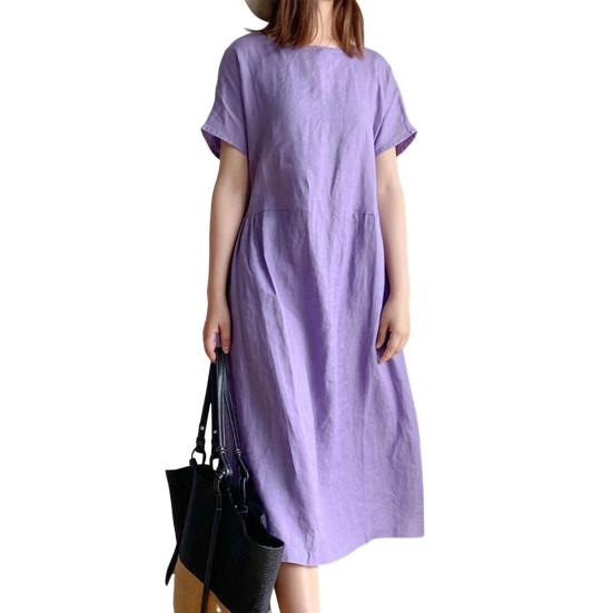 Dámské volné bavlněné šaty Letní ležérní šaty midi plus size Kulatý výstřih Krátký rukáv Plisované áčkové šaty s kapsami