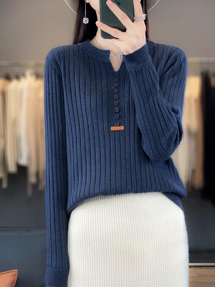 2023 Autumn Women's Slim Fit Long Sleeve Button Knit Pullover with Round Neck