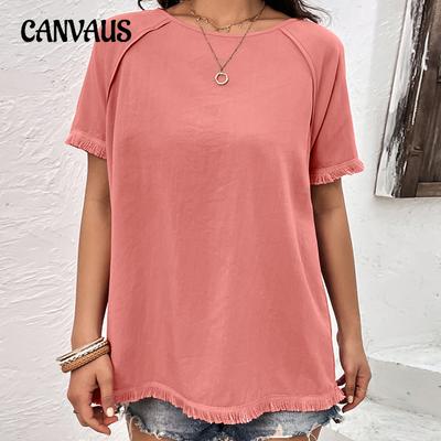 Maglietta estiva da donna taglie forti, girocollo, con nappe, ampia e casual, a maniche corte