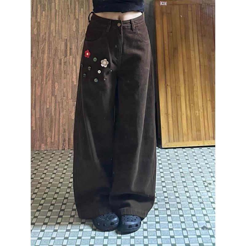 Women's High-Waist Floral Button Retro Jeans - Wide Leg, Loose Fit for Fall/Winter