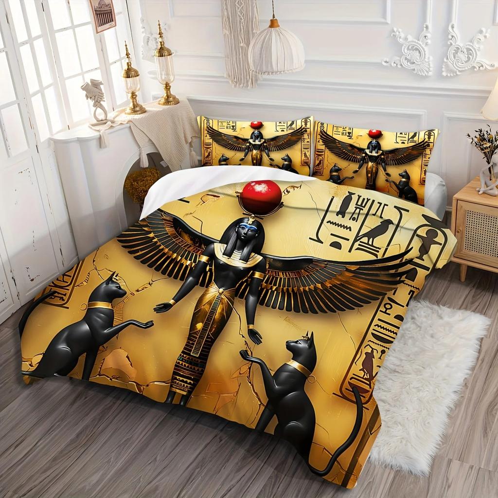 3Pcs Bedding Set Egyptian Style God Black Cat Print Cozy Duvet Cover King Queen Twin Size Birthday Gift For Adult Bedroom Decor