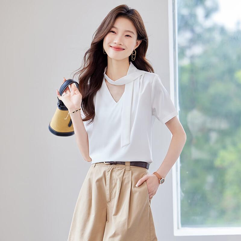 TeloMan Women's V-Neck Short-Sleeve Blouse with Tie-Neck Design