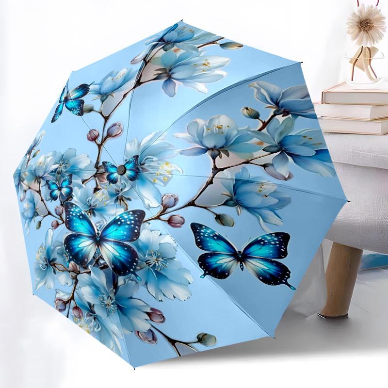 1pc Floral Butterflies Automatic Opening/Closing Folding Umbrella with 8 Ribs,Windproof Portable Sunshade Umbrella Holiday gift yy260401100