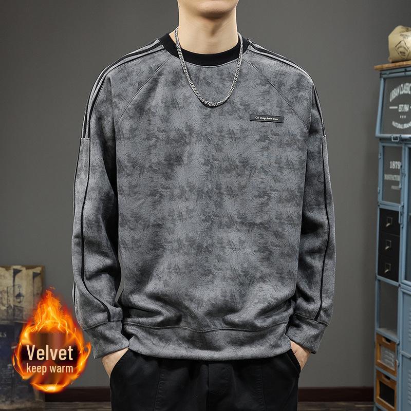 Herren Herbst Wildleder Plüsch Gestreifter Hoodie - Schwergewicht, Sportlich, Lässig Rundhals Pullover