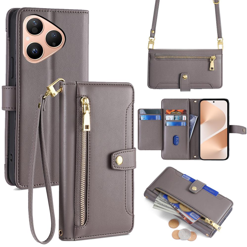 For Huawei Pura 80 Leather Case Zipper Pocket Wallet Phone Cover with 2 Straps