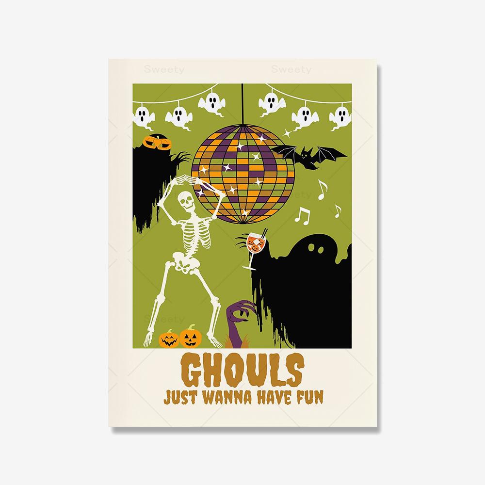 

Ghouls Just Wanna Have Fun Prints Trendy Halloween Disco Ball Ghost Poster Retro Cute Skeleton Ghost Pumpkin Wall Art Pictures 21x30cm No Framed