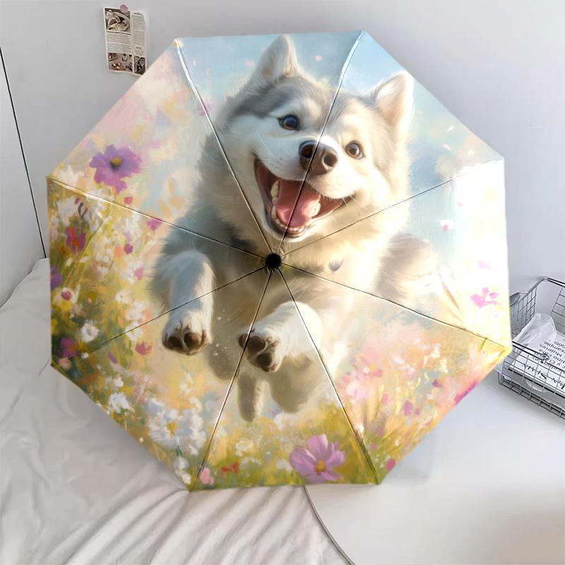 

Husky and Grass pattern, automatic folding umbrella, portable and foldable design, 8 ribs, a Christmas or birthday gift.