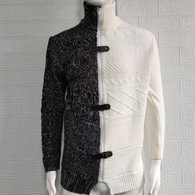 Men's Plus Size Color Block Buckle Knit Cardigan - High-Neck Long Sleeve Sweater for Autumn/Winter