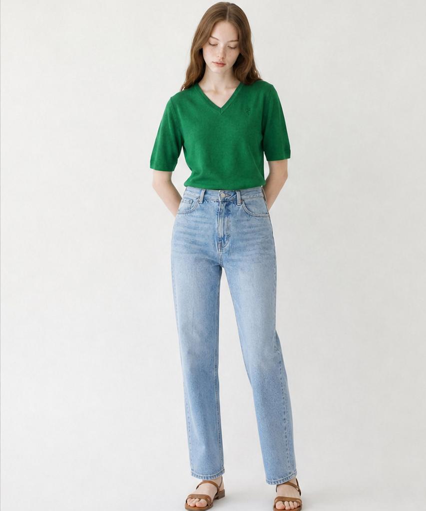 Seuneogeuyu Ether Palm Silk V-Neck Short Sleeve Knit Pullover_Green_S M
