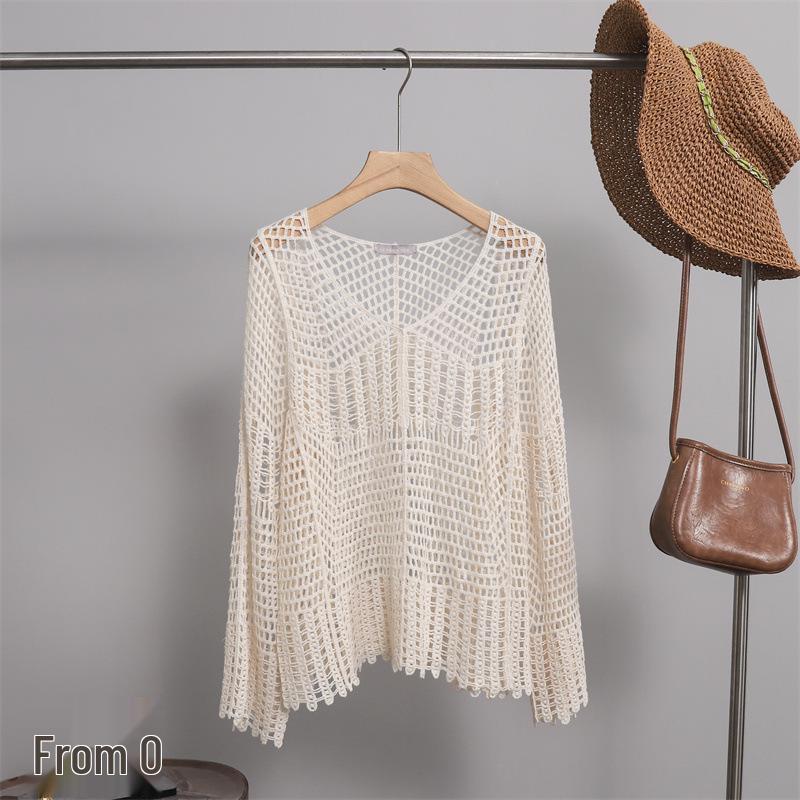 

Женская хлопковая утягивающая накидка от солнца в корейском стиле: Модная рубашка с длинным рукавом и ажурным узором для лета One Size (Recommended Weight: 40-70 kg) грязно-белый