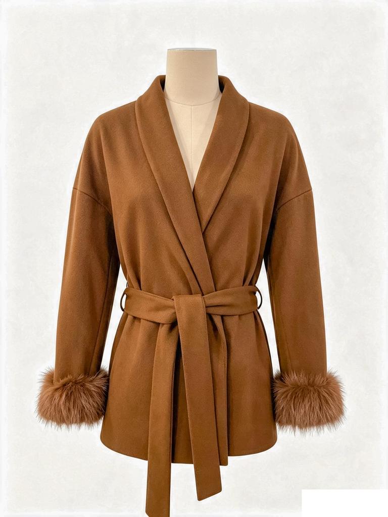 2025 A/W Women's French Tweed Short Coat with Fur Cuffs, V-neck, and Tie-waist - Solid Color.