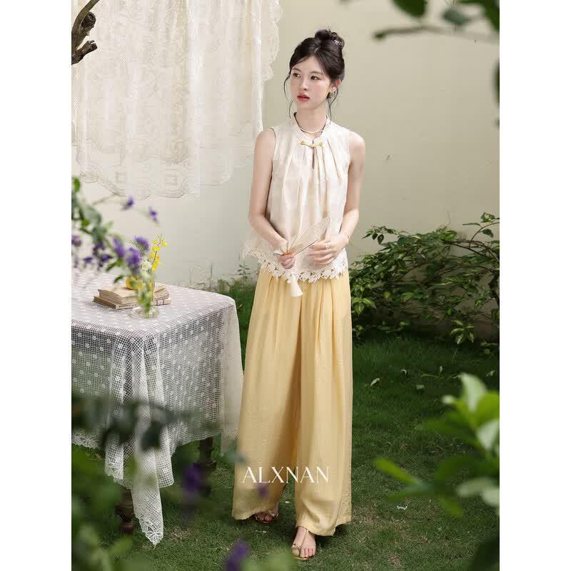 Women's High-Waist Yellow Wide-Leg Casual Pants