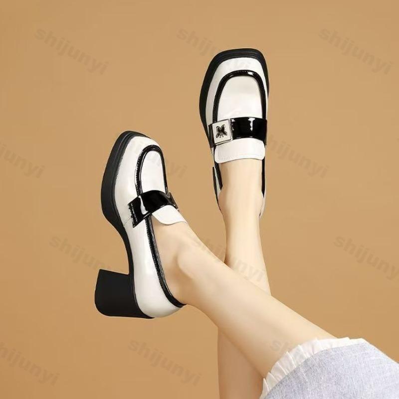 Britischer Stil Dicke Hohe Absätze Flache Mund Slipper Damenschuhe Pendeln Vielseitig Frühling Neu Atmungsaktive Einzelne Schuhe
