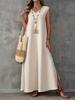 Women's navy blue V-neck sleeveless long dress loose side split texture breathable vacation style solid color casual long even