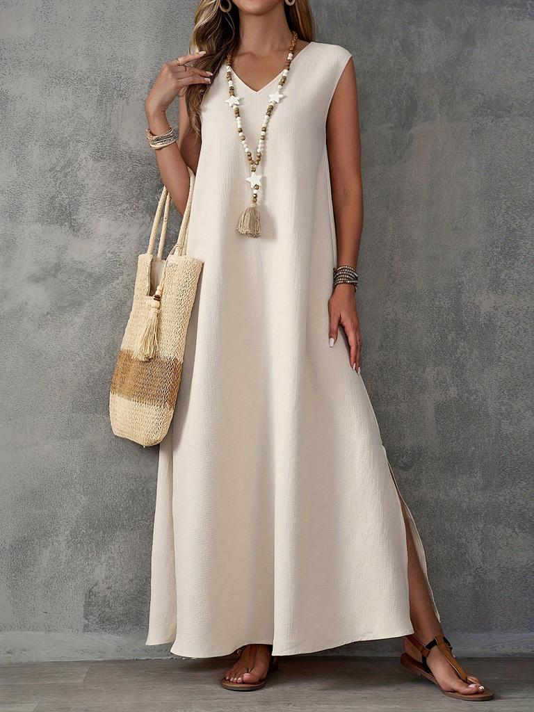 Women's navy blue V-neck sleeveless long dress loose side split texture breathable vacation style solid color casual long even