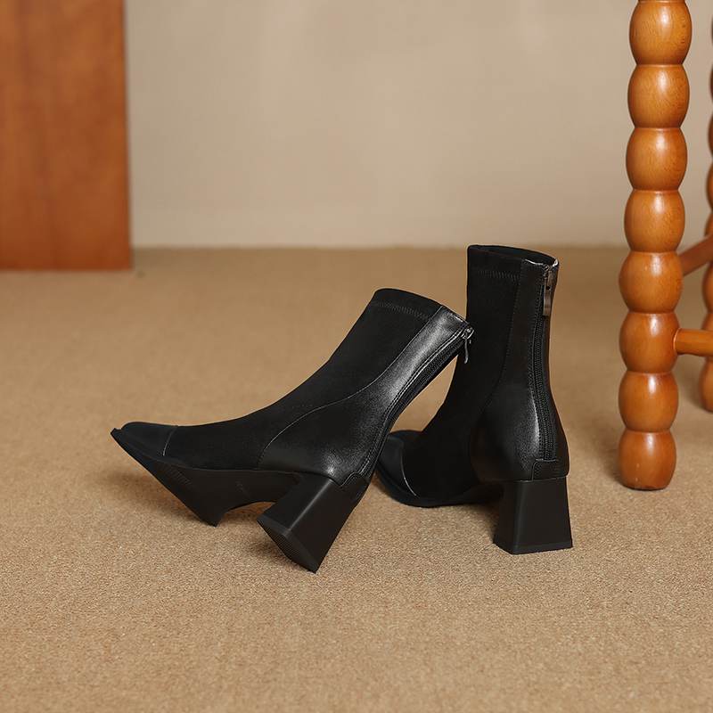 Krazing Pot Flock Autumn Winter Shoes Thick High Heels Big Size 40 Modern Boots Square Toe Keep Warm Zip Ankle Boots