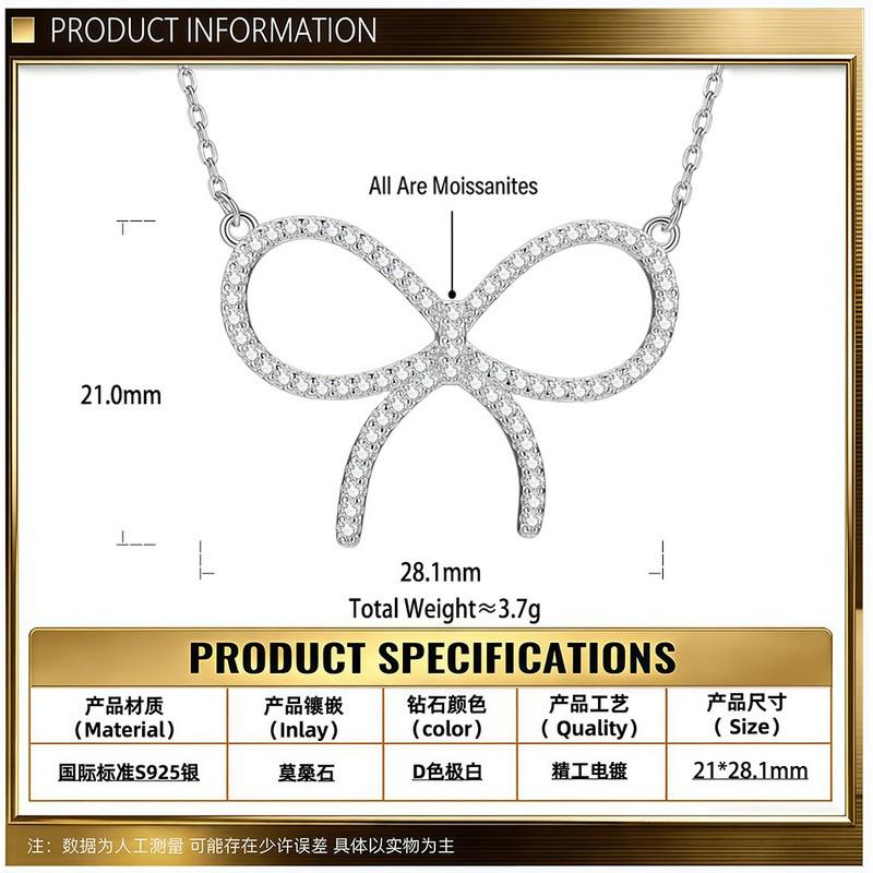 Elegant Butterfly Knot Pendant Necklace Women Sterling With D-Color Moissanite Cubic Zirconia Delicate Choker Chunky Rhinestone Bow Necklace
