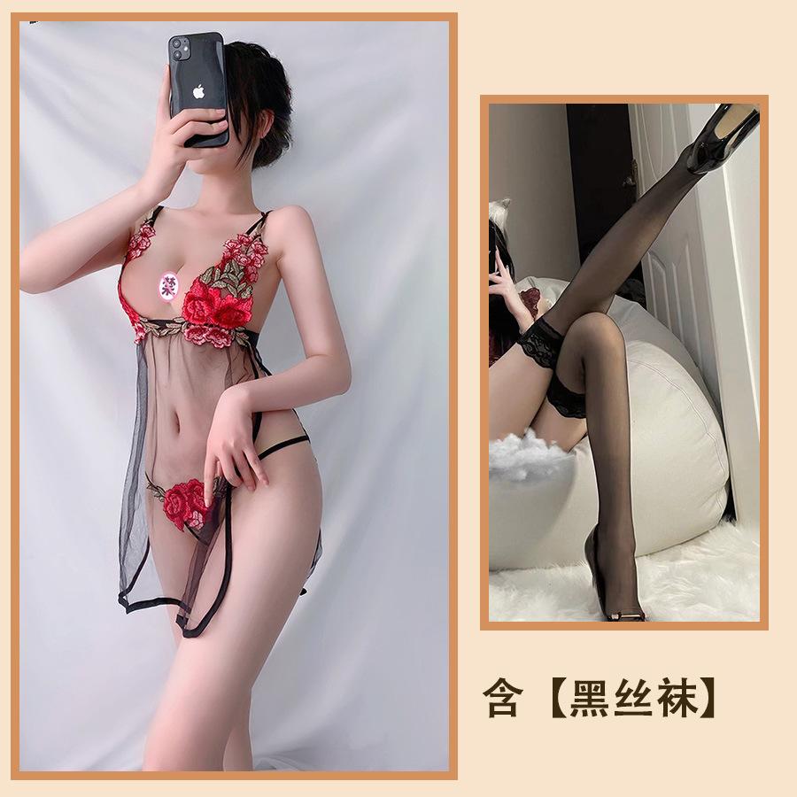 Sexy Lingerie Sexy Suspender Split Nightdress Rose Embroidered Lace Mesh Seduction Nightdress Salesian Suit
