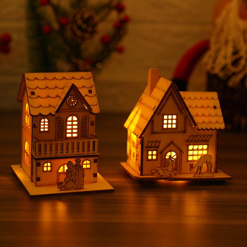 New Creative Christmas Tree Wooden Pendant Wooden Luminous Christmas House Villa Night Light Children's Christmas Wooden House