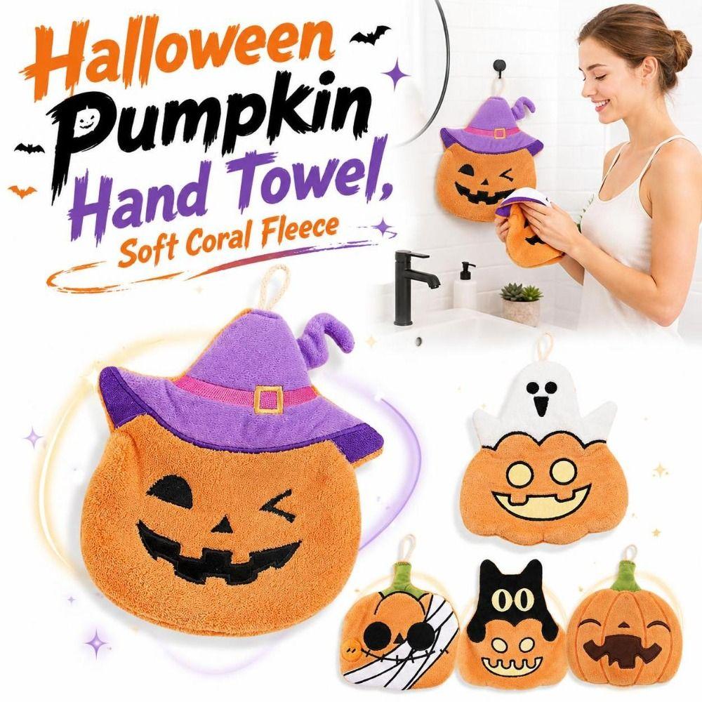 Soft Coral Fleece Halloween Pumpkin Hand Towel Hangable Kitchen Towels  Home Bathroom Use