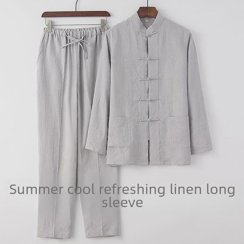 Young Men's Chinese Style Linen Tang Suit: Summer, Long-Sleeved Shirt