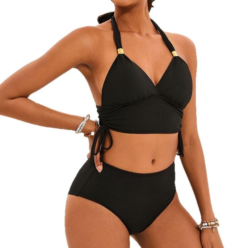 Women's New Solid Color Pit Strip Lace Up Sexy Bikini Two Piece Swimsuit