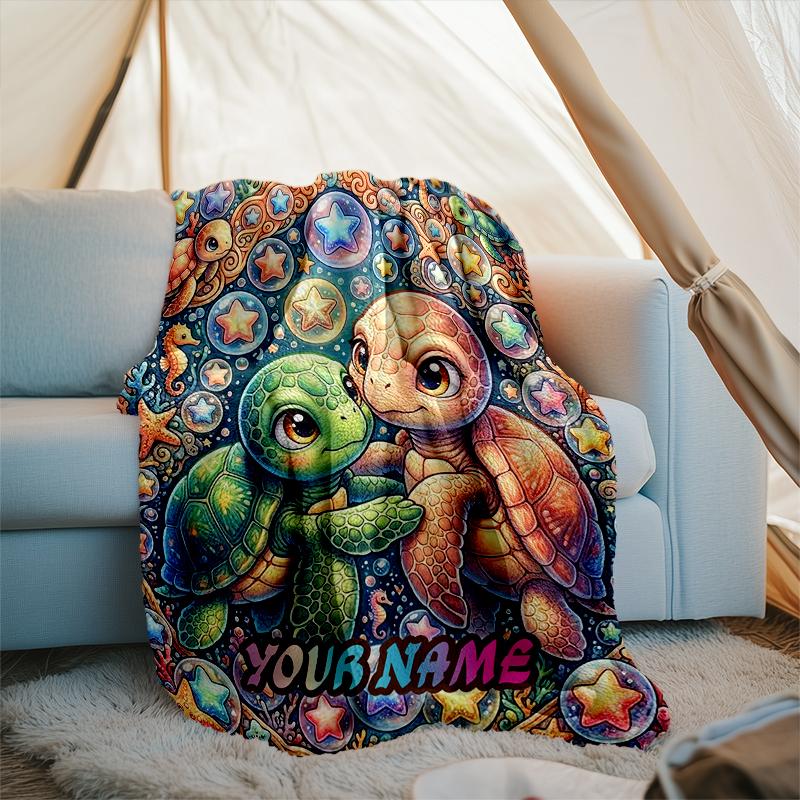 1PC Custom Name Turtle Friends Sea flannel blanket versatile,all-season throw suitable for the living room,bedroom,camping,travel,and gift