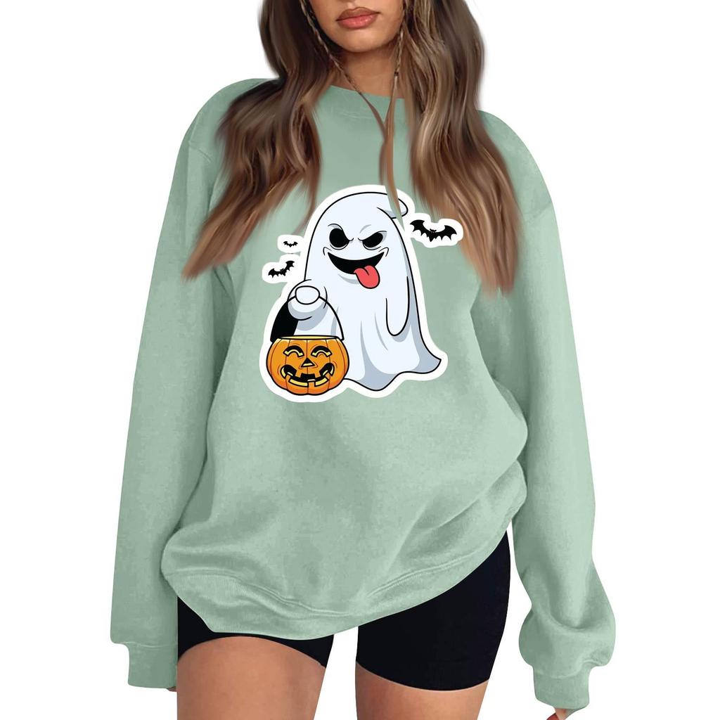 Women's Color Neck Long Sleeve Loose Fit Sweatshirt with Halloween Print