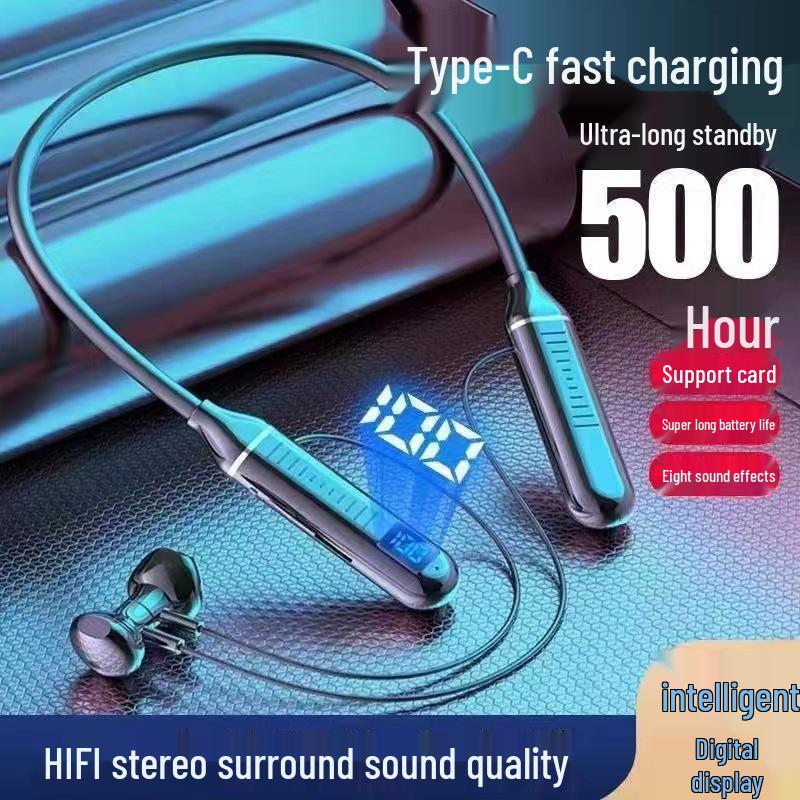 Bluetooth 5.0 Neckband Earphones with Digital Display, Dual Earbuds, Neck-hanging Design, 500mAh Battery for Ultra-long Life