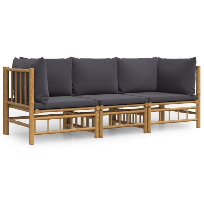VidaXL Salon de jardin 3 pcs avec coussins gris foncé bambou 3155215