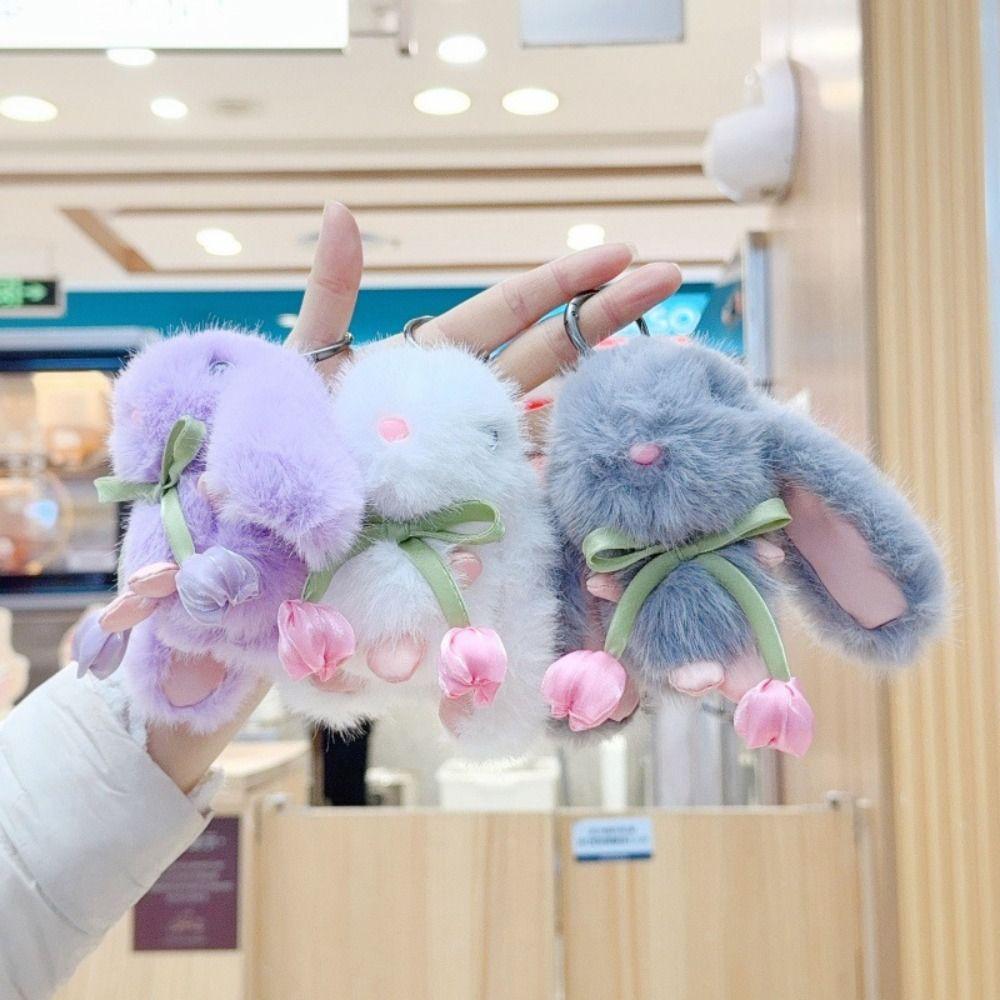 Fashione PP Cotton Tulip Rabbit Keychain Soft Cute Pendant Cartoon Key Ring Bag Charm Hanging Ornaments