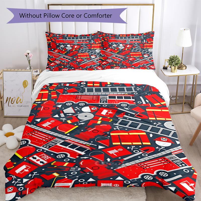 3pcs fire truck Bedding Set Duvet Cover Closure Includes 1 Duvet Cover & 2 Pillowcases, Soft and Comfortable for All Seasons.